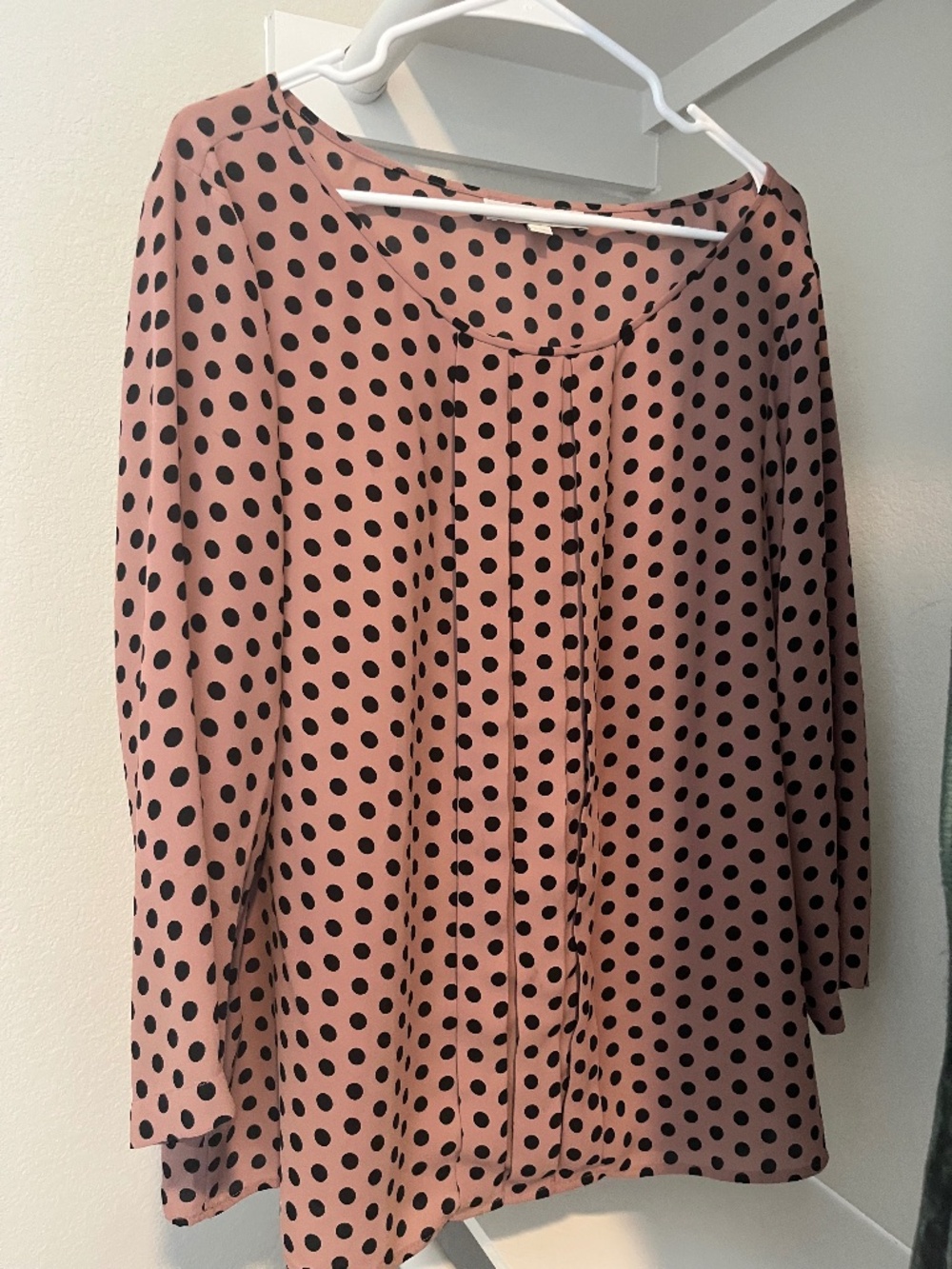 LOFT Nude and Black polka dot ruffle front top